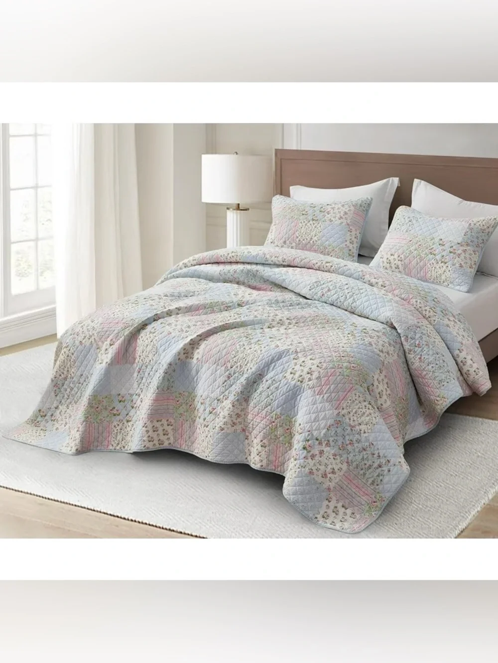Quilted Pastel Floral Full 3 piece Bedspread Set